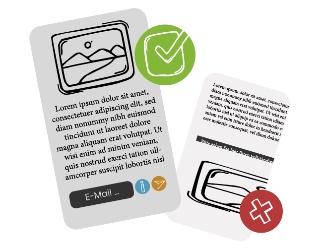 Das Bild zeigt zwei Beispiele für responsive Design und Barrierefreiheit auf mobilen Webseiten. Im oberen Beispiel passt sich der Inhalt gut an die Bildschirmgröße an, mit klarer Darstellung, lesbarem Text und leicht zugänglichen Funktionen, wie einem gut sichtbaren "E-Mail"-Button sowie Icons für zusätzliche Informationen. Ein grünes Häkchen symbolisiert die gelungene Umsetzung. Im unteren Beispiel ist der Text zu klein und unübersichtlich, wichtige Funktionen wie der "E-Mail"-Button sind schlecht platziert, was durch ein rotes Kreuz als nicht barrierefrei markiert ist.