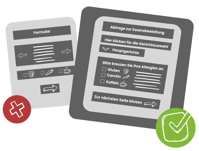 Links ist ein schlecht umgesetztes Formular abgebildet, das keine Labels für die Eingabefelder hat, unbeschriftete Buttons verwendet und Slider enthält, die von Screenreadern schwer erkannt werden. Dieses Formular ist mit einem roten Kreuz markiert. Rechts daneben ist ein gut umgesetztes Formular dargestellt. Es enthält klare Beschriftungen für die Felder, gut lesbare Labels, Checkboxen zur Auswahl und klare Beschriftungen für die Buttons.