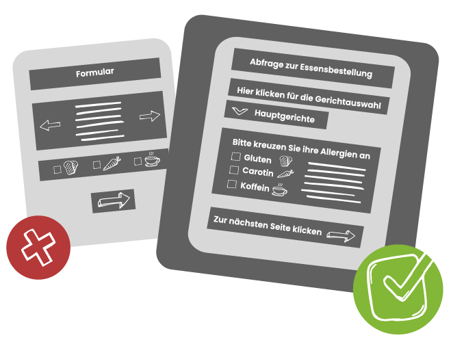 Links ist ein schlecht umgesetztes Formular abgebildet, das keine Labels für die Eingabefelder hat, unbeschriftete Buttons verwendet und Slider enthält, die von Screenreadern schwer erkannt werden. Dieses Formular ist mit einem roten Kreuz markiert. Rechts daneben ist ein gut umgesetztes Formular dargestellt. Es enthält klare Beschriftungen für die Felder, gut lesbare Labels, Checkboxen zur Auswahl und klare Beschriftungen für die Buttons.