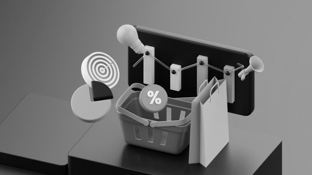 Warenkorb mit Prozenten, Zielscheibe und hohen Nachfragen